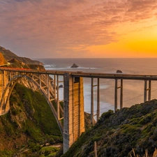 Coast, Big Sur Region, The United States, Great Sunsets, California, Bixby Creek Bridge, sea, clouds