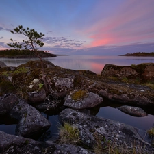 clouds, Stones, Islet, Karelia, trees, Lake Ladoga, rocks, Russia, Great Sunsets, viewes