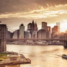 bridge, New York, Great Sunsets, The United States, skyscraper, Brooklyn Bridge, River