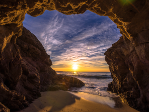 sea, rocks, Great Sunsets, cave