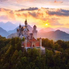 Bavaria, Germany, Neuschwanstein Castle, Fog, clouds, Great Sunsets, trees, viewes, forest