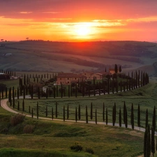 Way, Houses, trees, viewes, Tuscany, Italy, Great Sunsets, The Hills, cypresses