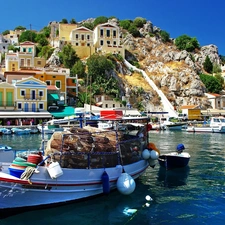 Boat, Hill, Greece, Houses