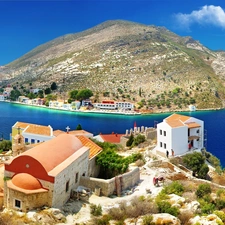 Houses, Mountains, Greece, sea