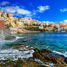 Houses, rocks, Greece, sea