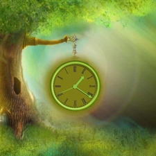 green, trees, Clock