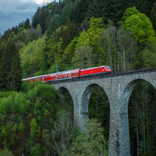 bridge, slope, trees, Red, viewes, mountains, green ones, Train, overpass, forest