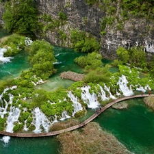 Rocks, water, green, bridges