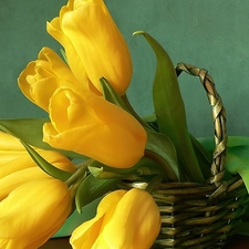 Green, textile, Tulips, basket, Yellow