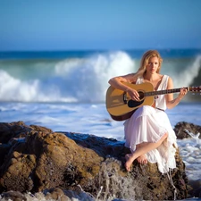 sea, girl, Guitar, rocks