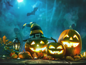 Leaf, pumpkin, Night, halloween, bats, lantern