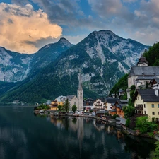 Hallstattersee Lake, Austria, Church, Houses, forest, clouds, viewes, Town, Hallstatt, trees, Mountains