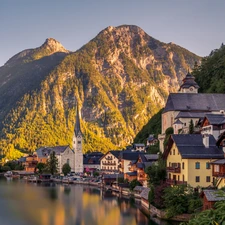 Mountains, Great Sunsets, Hallstattersee Lake, Houses, Hallstatt, Austria, viewes, Town, trees