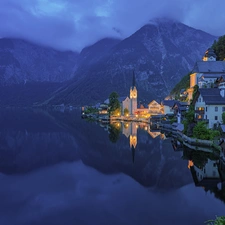 Hallstatt, Austria, Church, illuminated, Night, Hallstattersee Lake, Mountains, clouds, Houses