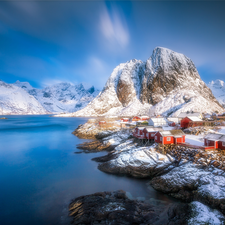 Hamnøy Village, Lofoten, Mountains, Moskenesoya Island, Norway, Houses, sea