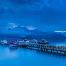 Harbour, Boats, Fog, Platform, Mountains