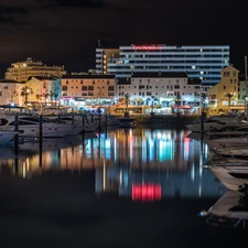 Town, Night, motorboat, Harbour, Houses, light