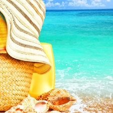 Hat, Beaches, Shells, basket, sea