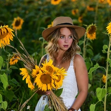 Hat, White, Nice sunflowers, dress, bouquet, Blonde, Women, Flowers