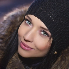 make-up, Smile, Winter, delicate, girl, Hat, coat