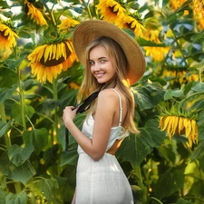 girl, Field, Smile, Hat, Nice sunflowers, Blonde