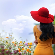 Hat, Spring, Flowers, Women, Meadow
