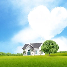 Heart, house, trees