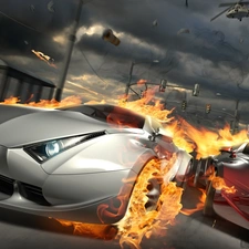 Helicopter, cars, Flames