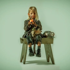 helmet, Chair, girl, Apple, Kid