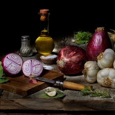 Herbs, onion, oil, knife, pepper, vegetables, garlic, composition, board, salt