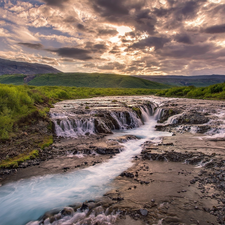 Bruarfoss Waterfall, clouds, Bruara River, The Hills, Sky, Great Sunsets, iceland