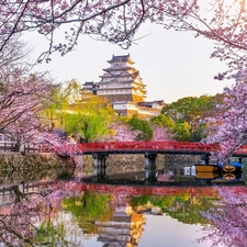 Flourished, Spring, trees, branch pics, canal, Japan, Himeji, White Heron Castle, Himeji Castle, bridge, viewes