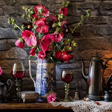 Hollyhocks, Lamp, napkin, jug, glasses, Bouquet of Flowers, composition, Books