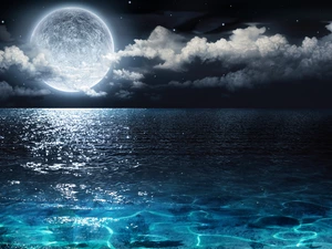 Sky, sea, moon, horizon, Ocean, clouds, fullness