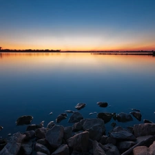 west, lake, horizon, sun