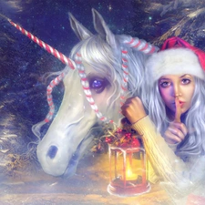 Nicholas, lantern, graphics, unicorn, Twigs, Hat, Women, Horse