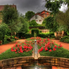 house, Garden, bench