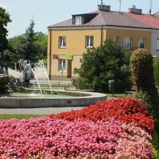 Bird, fountain, house, Flowers