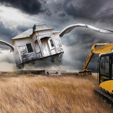 clouds, flying, house, field