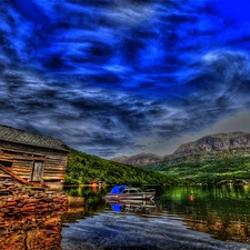 clouds, lake, House, Mountains