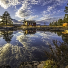 lake, house, reflection, clouds, viewes, Norway, Ringerike, trees