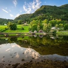 Mountains, lake, house, woods