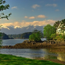 River, forest, House, Mountains