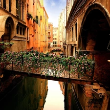 bridges, canal, Houses, Flowers