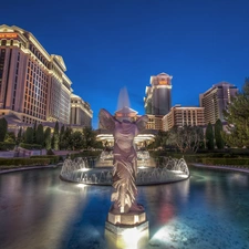 Houses, Las Vegas, fountain, Statue monument, Hotels, buildings