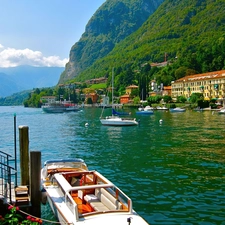 Mountains, boats, Houses, River