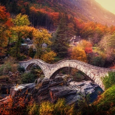 viewes, forest, Mountains, Lavertezzo, Fog, Houses, Verzasca Valley, autumn, Verzasca River, Switzerland, trees, rocks, Ponte dei Salti Bridge