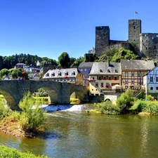 River, Castle, Houses, bridge