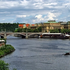 bridge, Prague, Houses, Sights, Boat, Vltava