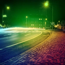 turn, Houses, glamour, lanterns, Night, Pavement, Street, Street